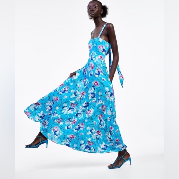 Zara Open Tie Back Cut Out Long floral dress - Picture 1 of 5